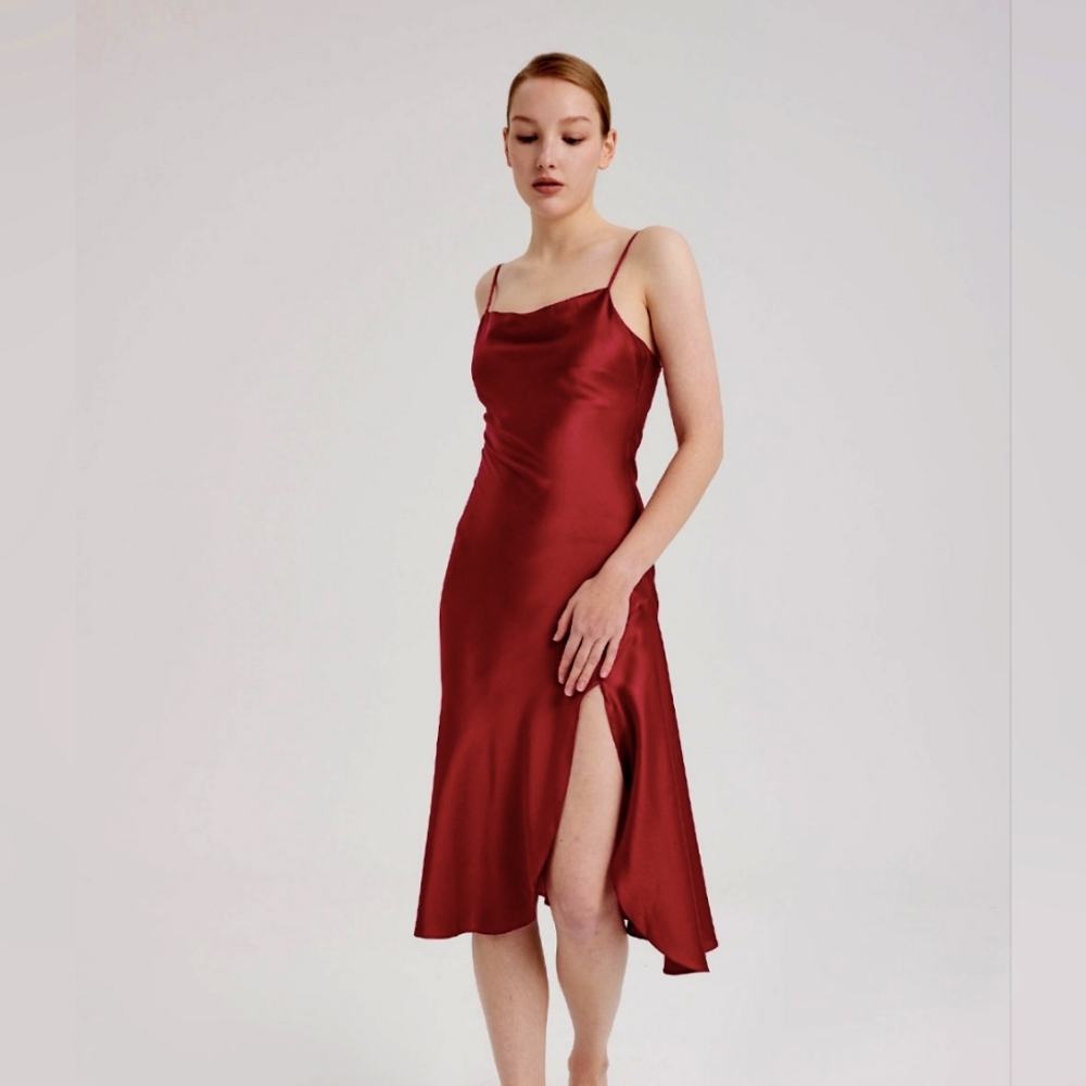 NWT Ruby Side-Split Silk Dress (Rosy Red) - NAP